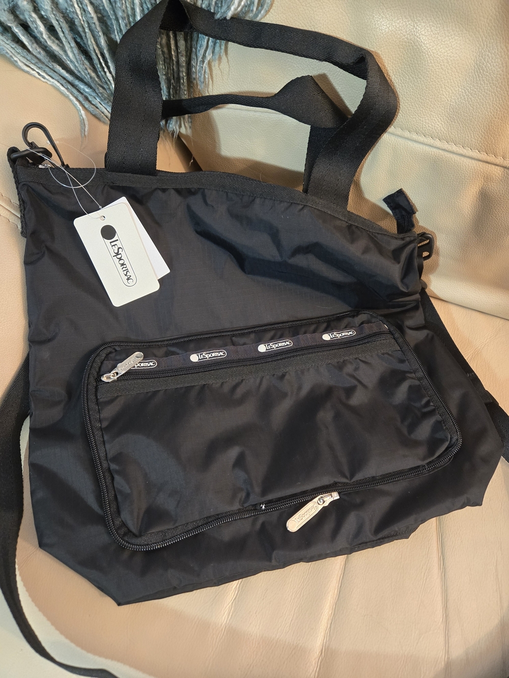 NWT LeSportsac Packable Nylon Slim Tote Bag Crossbody Jet Black